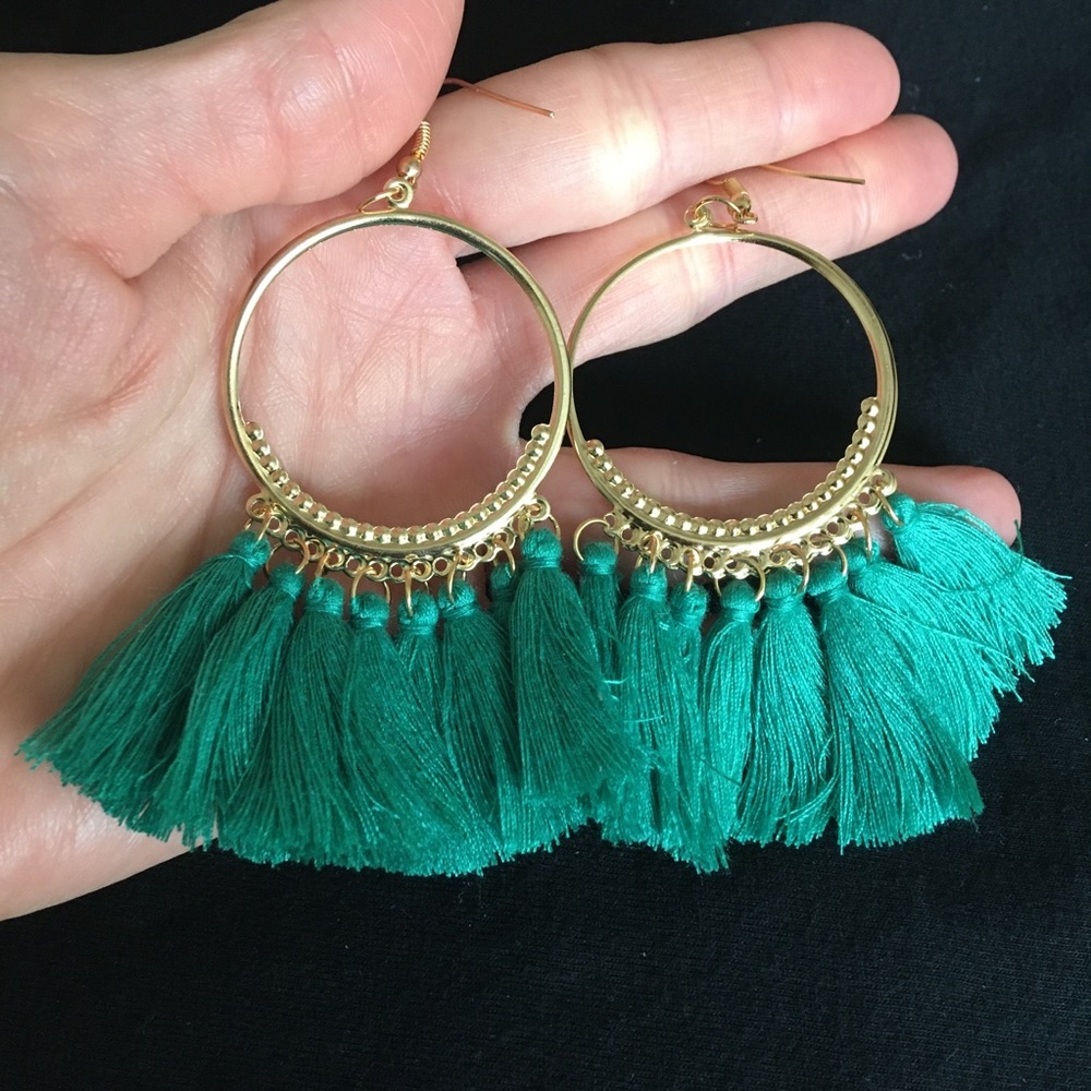Green and Gold Fan Shaped Tasseled Earrings